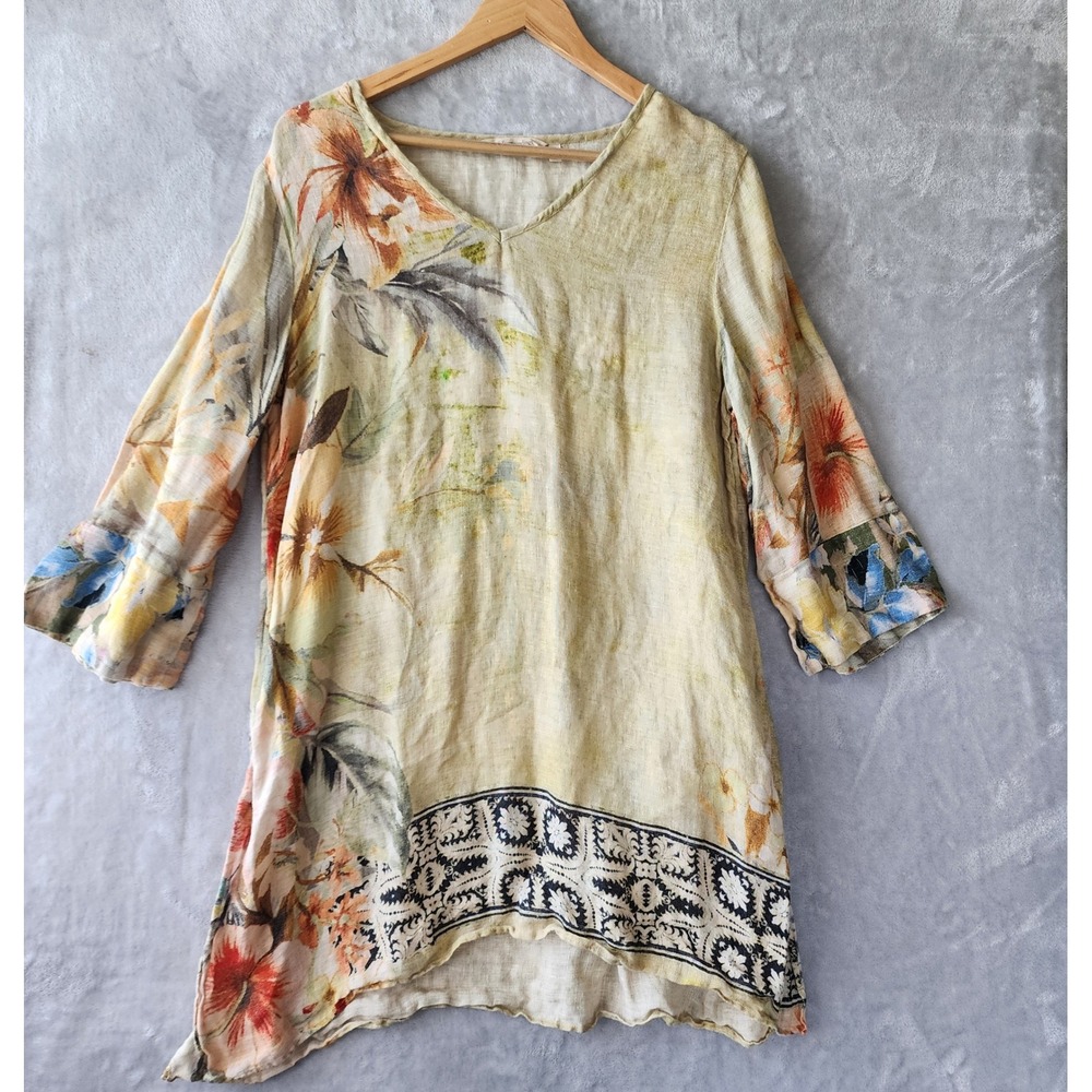 Soft Surroundings Linen Top Womens Size Large Watercolor Floral Tunic Lined 100%